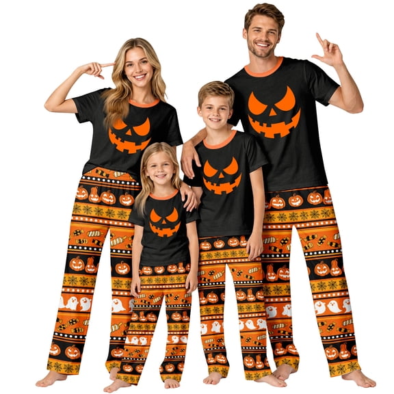 Onlypjs Family Halloween Pajamas Matching Sets Pumpkin Face Striped Short Sleeve Sleepwear Loungewear for Couples Adults Women Men