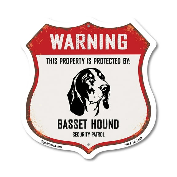 Warning This Property is Protected by Basset Hound 12 inch X 12 inch Shield-Shaped Rust-Free Aluminum Metal Sign Weather Resistant Made in the USA