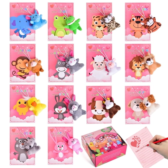 Fun Little Toys Valentines Day Cards with Mini Animal Plush Toy Set, Multicolor, 56 Count