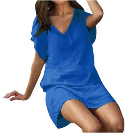 

SIMQOing Women s Casual Dresses Cotton Linen Short Sleeve V Neck Shift Dress Solid Basic Summer Dress