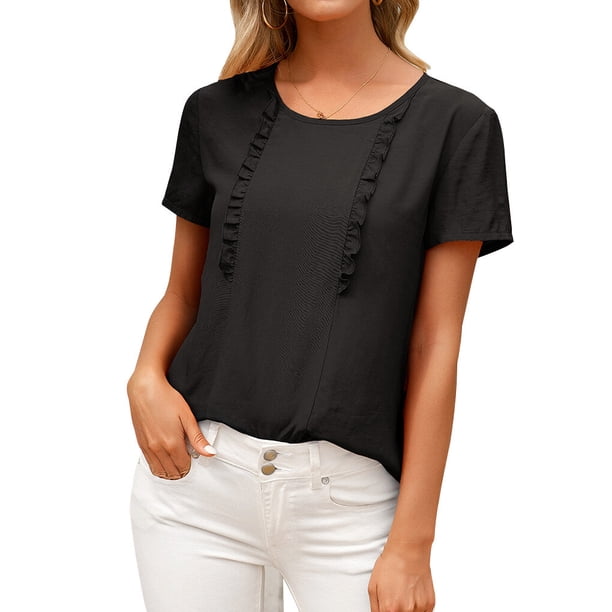 Camiseta de mujer Jumpingount Verano cuello manga corta Volantes Casual top Suelto Negro L