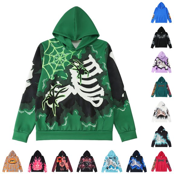 Wuxian Men's Hoodies Sweatshirts For Halloween Loose Fit Casual Spooky Print Long Sleeve Pullover Streetwear Tops