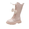 thumbnail image 2 of Girls Mid Calf Boots Bow Decor Lace Up Side Zipper Faux Leather Boots Winter Fashion Lug Sole Non-Slip Shoes Pink 13.5 Little Kids, 2 of 7