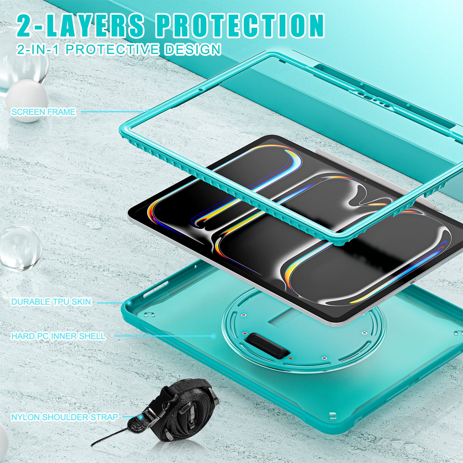 Dteck Case for iPad Pro 13 inch M4 2024,Military Grade Shockproof Silicone Cover 360° Rotatable Stand- Shoulder Strap- Handle- Pencil Holder,Blue