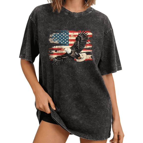 Cozymy Women's American Eagle Vintage Washed T-Shirt Print Tshirt Graphic Tees Shirts Short Sleeve Crewneck Distressed Relaxed Fit Patriotic Flag Casual Tops