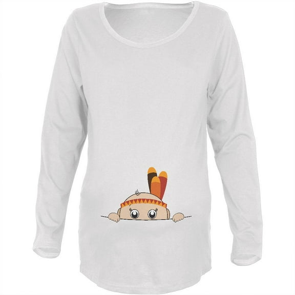 Peeking Baby Thanksgiving Indian White Maternity Soft Long Sleeve T-Shirt - Medium
