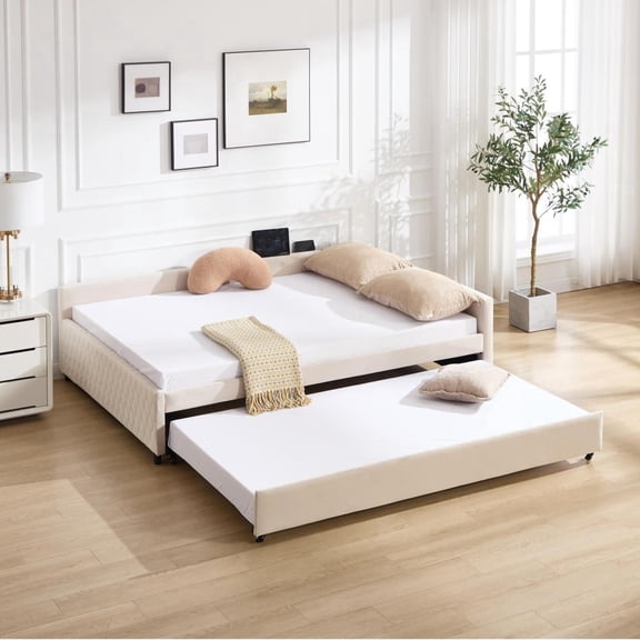 Upholstered Daybed with Trundle, Diamond Tufted Daybed Frame, Modern Wooden Bed for Bedroom & Guest Room, Space-Saving