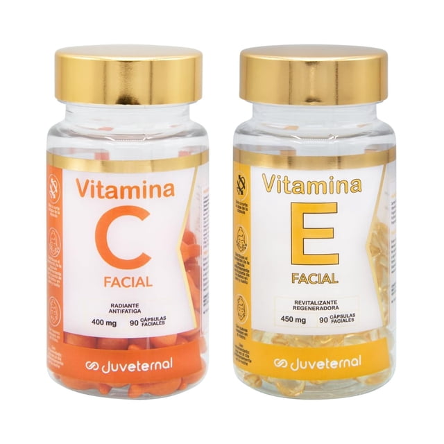 JUVETERNAL Dúo Cápsulas Faciales Vitamina E + Cápsulas Faciales Vitamina C, 90 cápsulas c/u, Antioxidante, Luminosidad y Protección para tu Piel