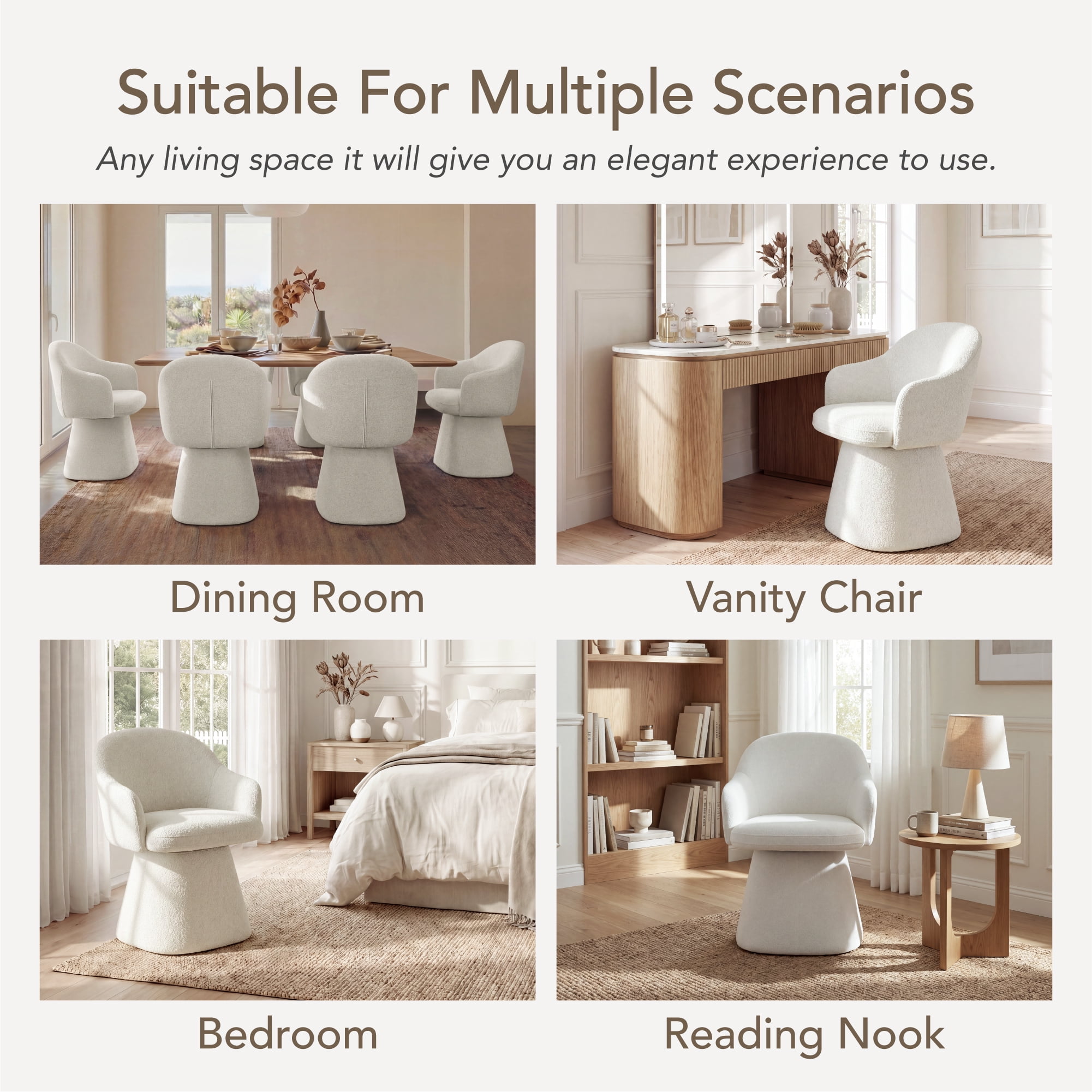 Spruce & Spring 360° Swivel Dining Chair, Spill-Proof & Stain Resistant Barrel Armchair with Rotating Base, Modern Upholstered Seat and Removable Back Support Pillow for Kitchen Living Room, Ivory