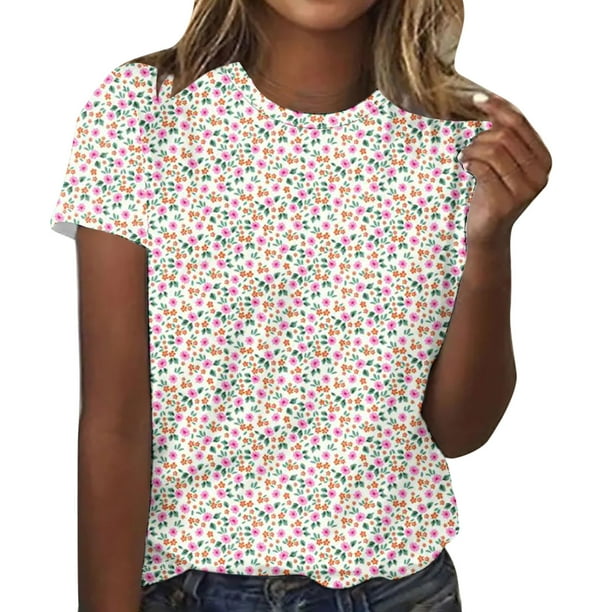 Mujeres Pantalones Cortos de Verano Ocio Flor Impresión Cuello Redondo, Top de Manga Corta Casual Y Blusa para la Primavera, la Fiesta Y el Uso Diario