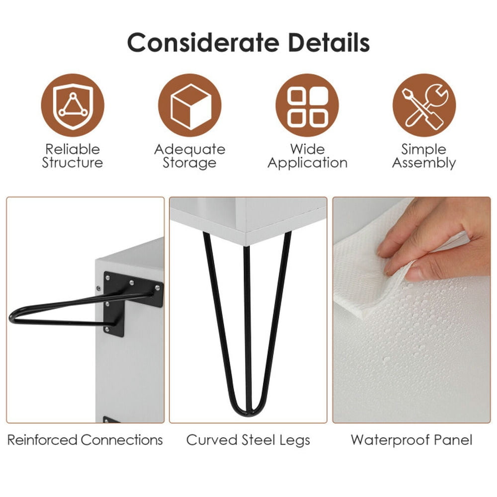 Demi Bonn Storage File Cabinet with Metal Legs, Freestanding Record Player Stand Record, White