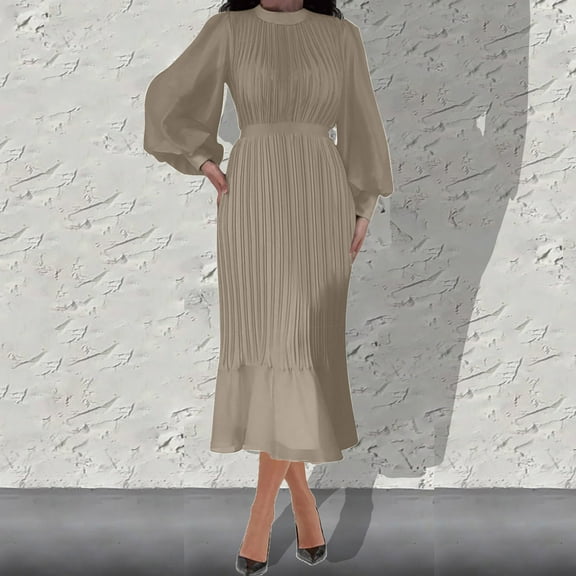 Satin Dress, Long Sleeve Elegant Dress for Women, Loose Fitting Casual Party Dress with Accordion Pleats