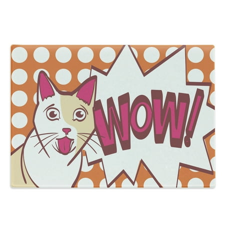 

Funny Cutting Board Comic Book Cat with Wow Lettering on Polka Dots Decorative Tempered Glass Cutting and Serving Board in 3 Sizes by Ambesonne