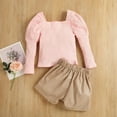 thumbnail image 6 of FAIWAD Girl's Ribbed Knit Shorts Set Puff Long Sleeve Square Neck Tops and Leather Shorts Girl 2 Piece Outfits, 6 of 7