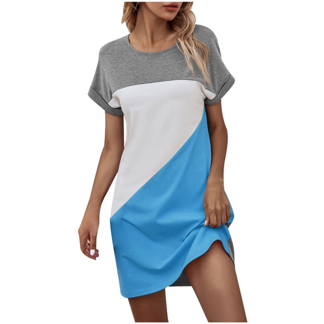 RKSTN Summer Dresses for Women Fashion Classic Short-sleeved Round Neck Patchwork Color Mini Dresses Loose Plus Size A-Line Elastic Waist Swing Dresses