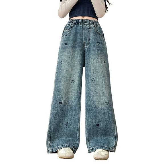 XEGLSBU Girls Jeans Size 6 Girls Casual Pants Autumn Denim Trousers with Heart Embroidery Wide Leg Straight Design Comfortable Blend Blue Size 6-7 Years