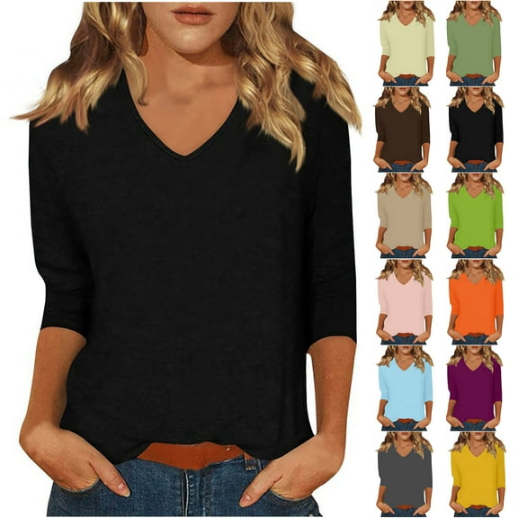 Womens 3/4 Length Sleeve Tops Fall Summer V Neck Basic Plain Tee Shirts Dressy Casual Work Tunic Blouses Trendy 2025 Outfit Clothes