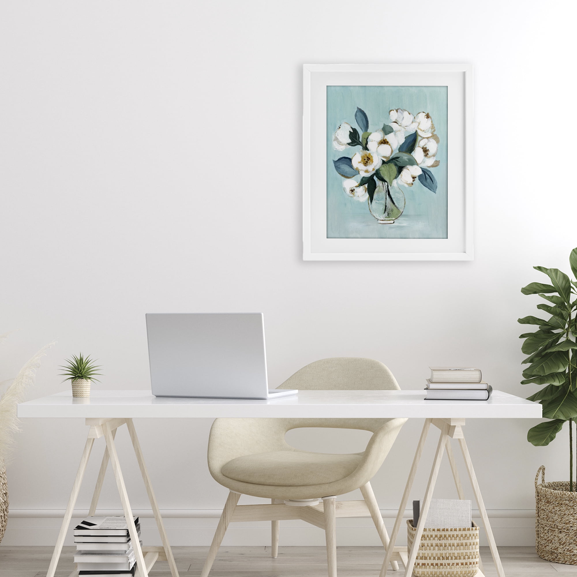 Stupell Industries Magnolia Arrangement over Blue White Framed Print Under Glass, design by Janet Tava