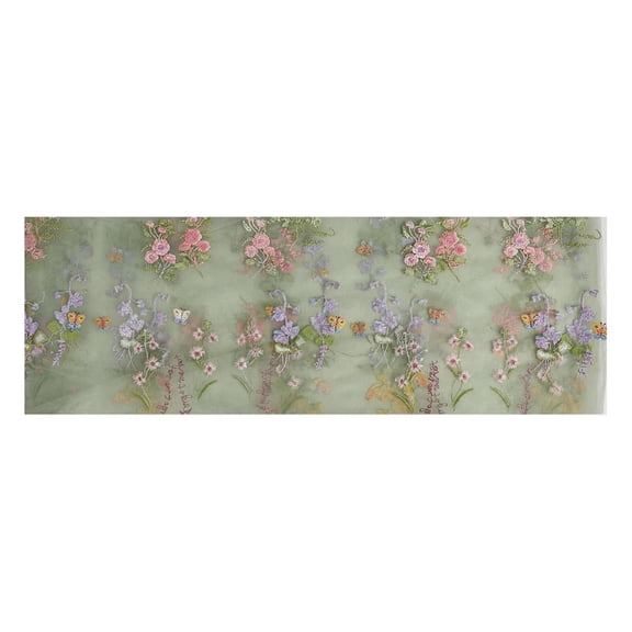 Sage Green Floral Table Runner, 10 Ft Embroidery Tulle Spring Wildflower Butterfly Gauze Table Decor