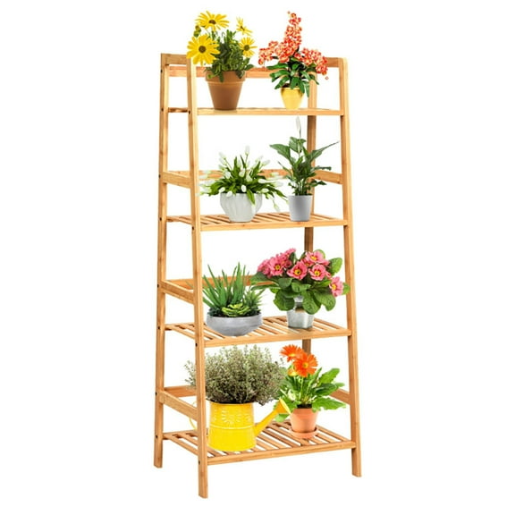 GVN Plant Rack, Plant Stand Plant Shelf,4-Tier Bamboo Plant Rack with Guardrails Stable and Space-Saving-Natural