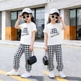 thumbnail image 4 of Girls Summer 2 Piece Outfits Crew Neck Short Sleeve Print Tees Plaid Elastic Waist Pants Casual Trendy Clothes (7 Years, Black), 4 of 4