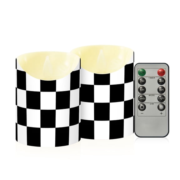Black-white Plaid Flickering Flameless Candles with Remote Timer Battery Operated LED Tealight Set of 2 M