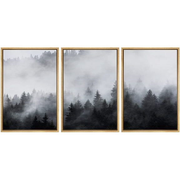 IDEA4WALL Framed Canvas Wall Art Foggy Pine Trees Forest Landscape Wilderness Photography Abstract Modern Aerial Relax/Calm Black and White for Living Room, Bedroom, Office