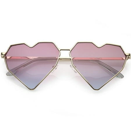 Oversize Geometric Heart Sunglasses Double Nose Bridge Color Tinted Flat Lens 62mm (Gold / Pink Blue)