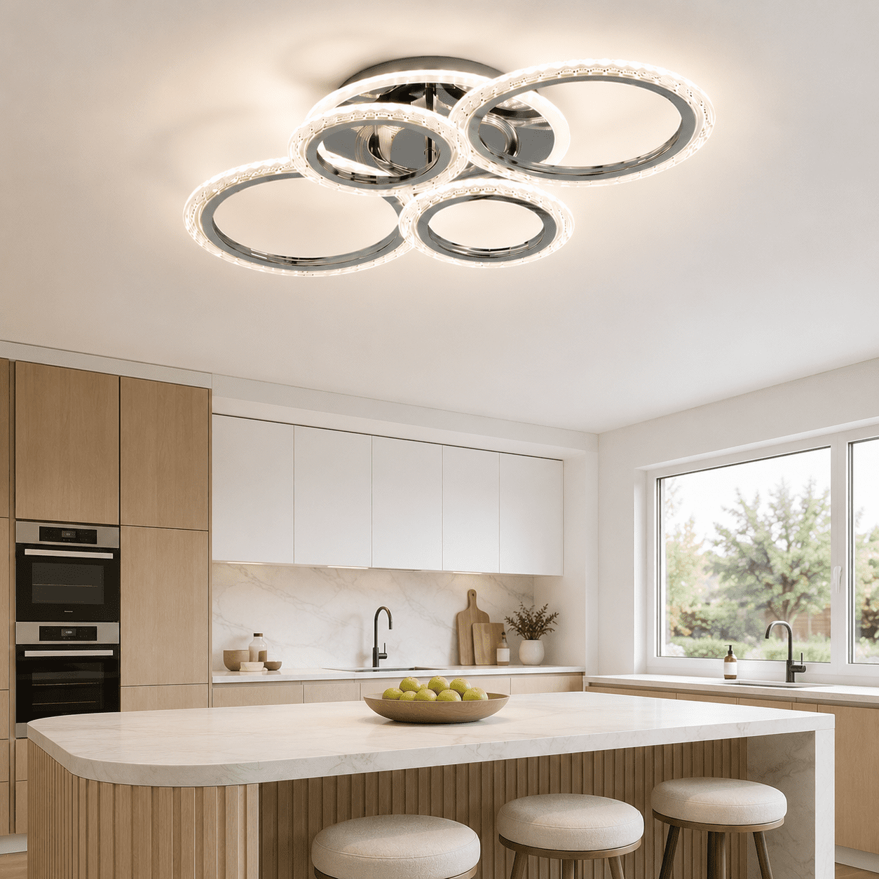 Garwarm Chrome 6-Ring LED Ceiling Light, Modern Dimmable 3000K-6500K Flush Mount Ceiling Light with Remote, Acrylic Ring Ceiling Lamp Fixture for Living Room, Dining Room, Bedroom