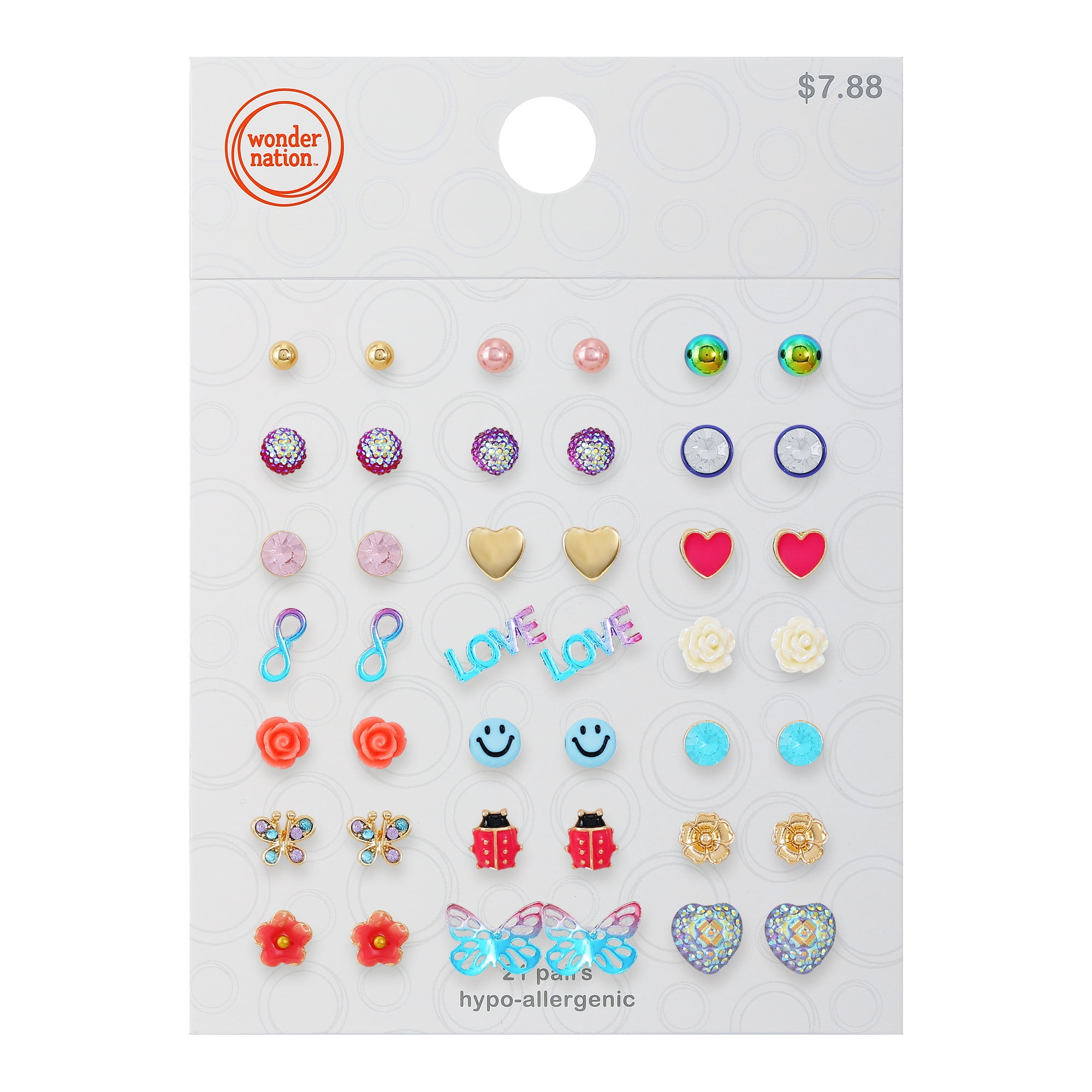 Young Women's Wonder Nation mulit color 21 Pack Stud Earring Set featuring Butterflies, Love, and Hearts.