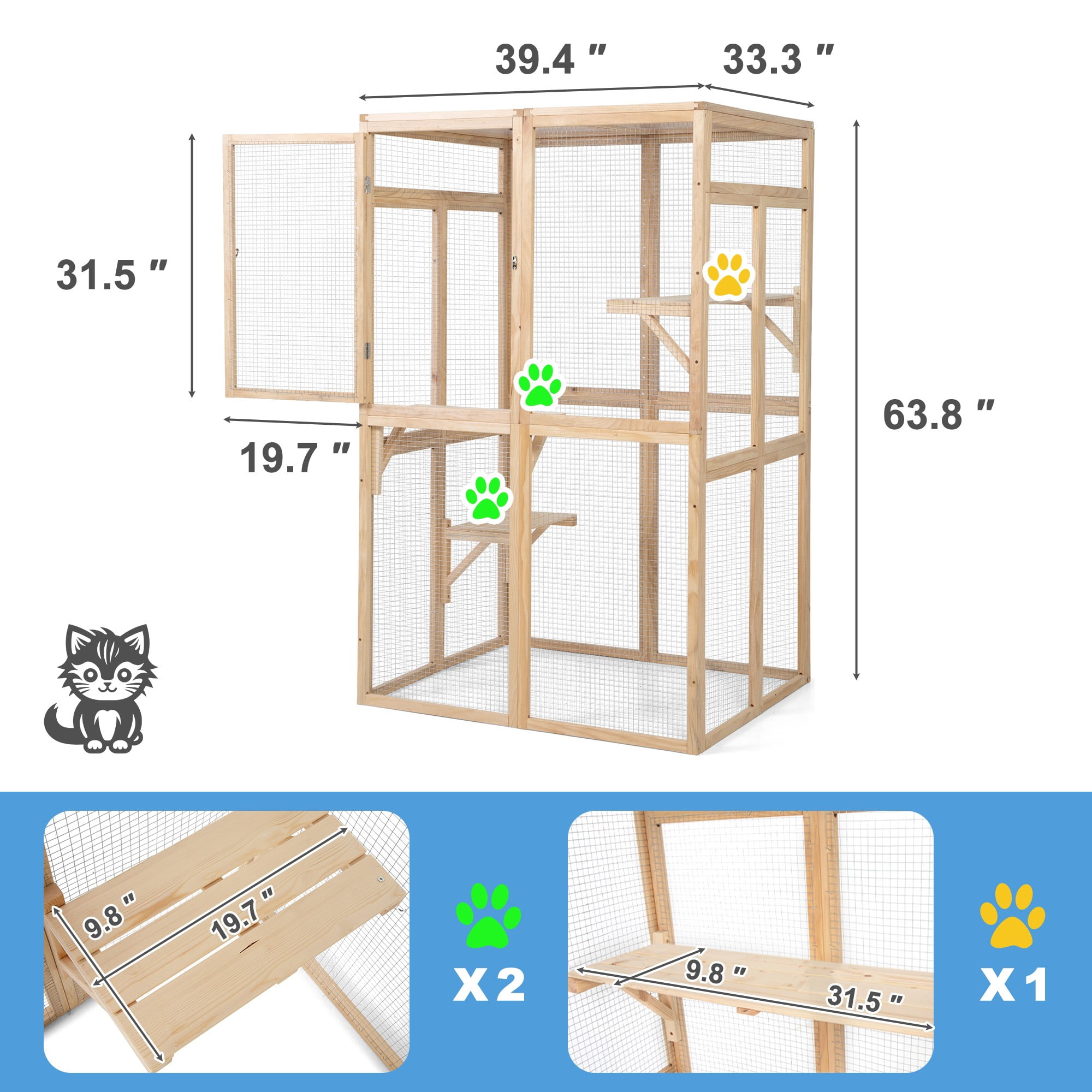 Demi Bonn 64" Cat House Outdoor Catio Cat Enclosures Wooden Kitty House with Platforms, Waterproof Roof, Hammock, Beige