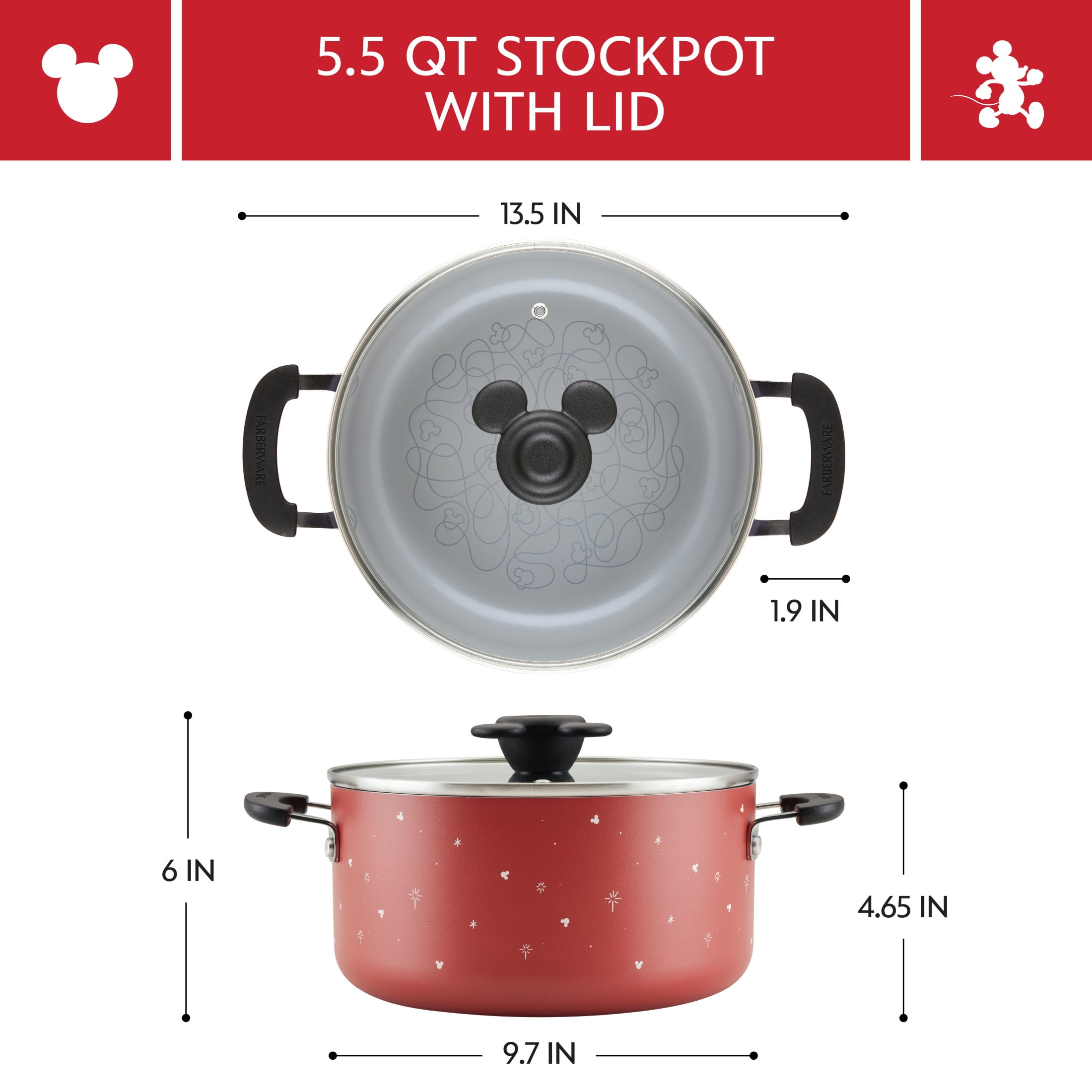Farberware Disney Bon Voyage 3 Quart Ceramic Nonstick Saucepot with Lid, Dishwasher Safe, Red