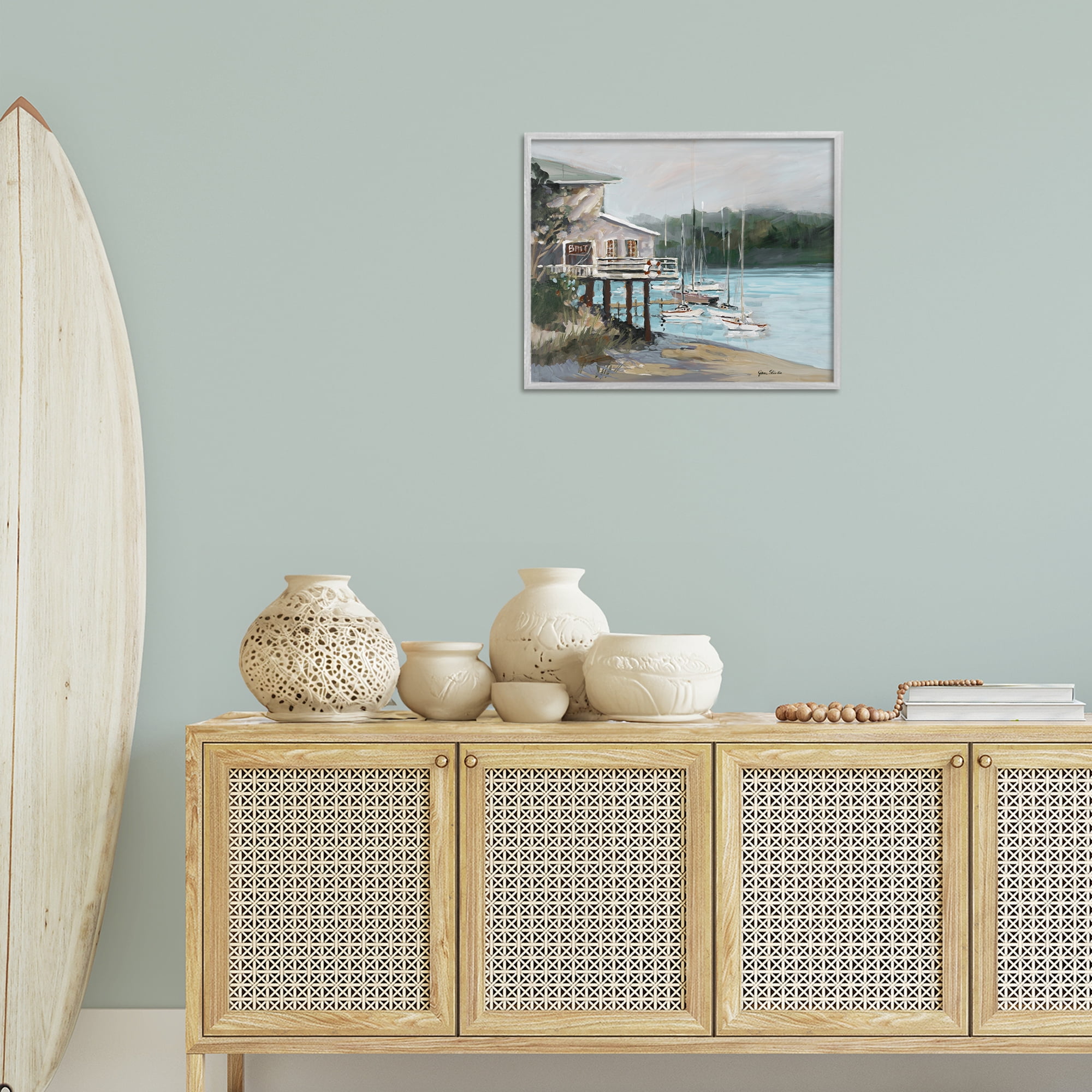 Stupell Industries Boat Marina Harbor Coastal Painting Gray Framed Art Print Wall Art, 20 x 16
