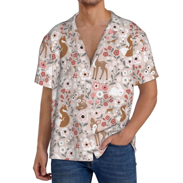 Balery Autumn Floral Deer Camisa Casual de Manga Corta con Botones para Hombre, Texturizada, Estilo Cubano, para Playa, Verano-Medium