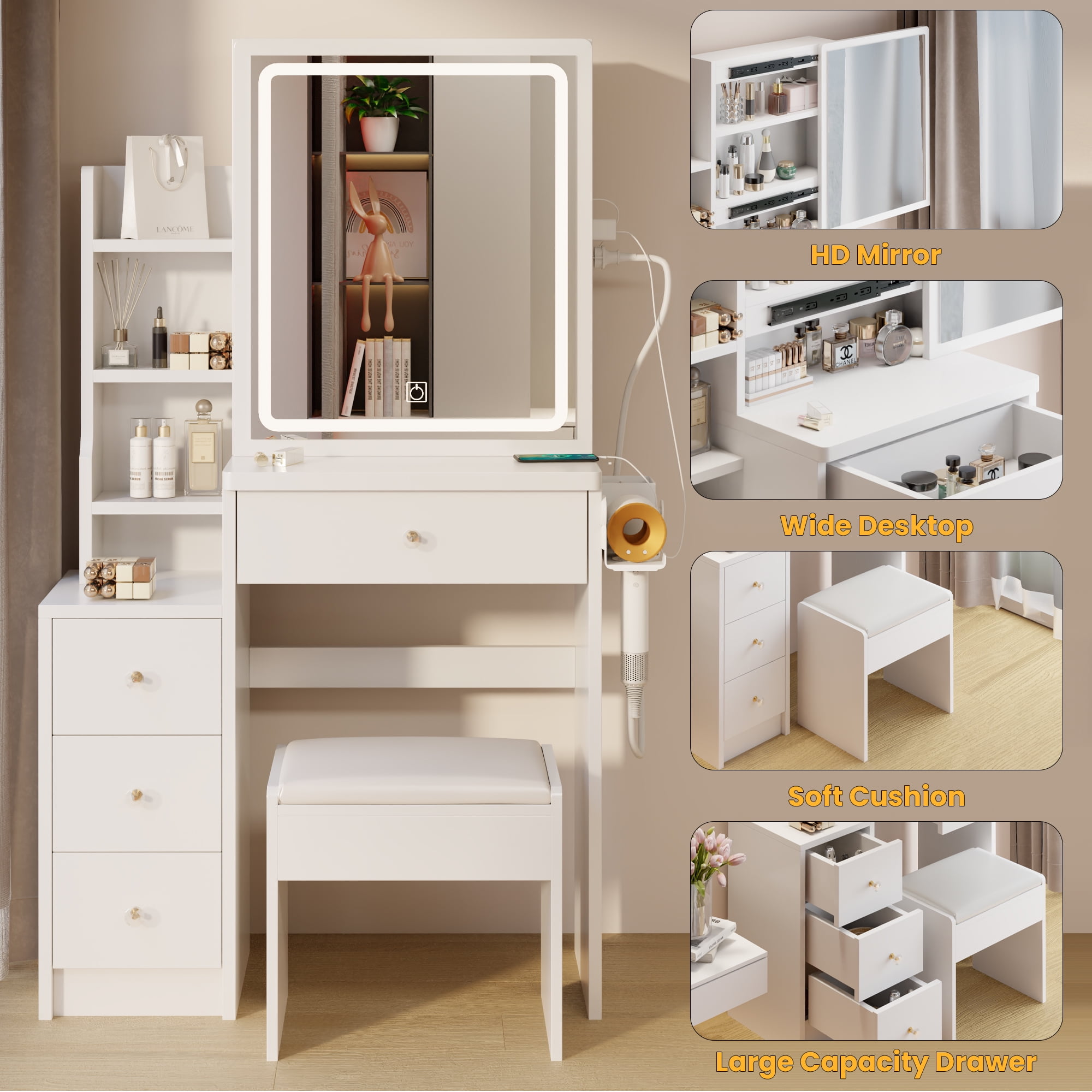 Aukfa Makeup Vanity Set Dressing Vanity Table with Lights Mirror & Power Outlet for Girls - White