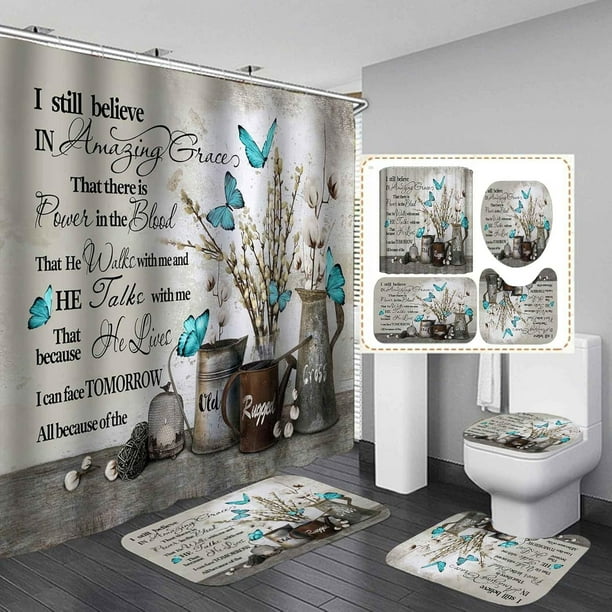 Juego de 4 cortinas de ducha rústicas con diseño floral, diseño de mariposas, flores de algodón blancas y verdes, decoración de baño campestre, cortina de ducha de tela impermeable, alfombrilla de