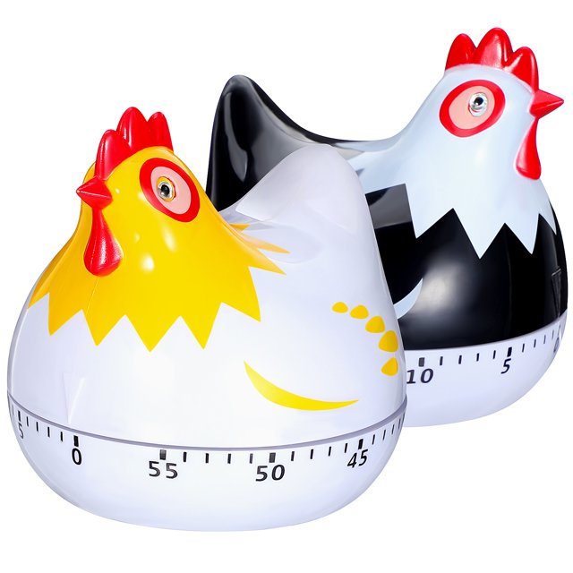 2 temporizadores mecánicos con diseño de gallina para cocinar en restaurantes y repostería casera.