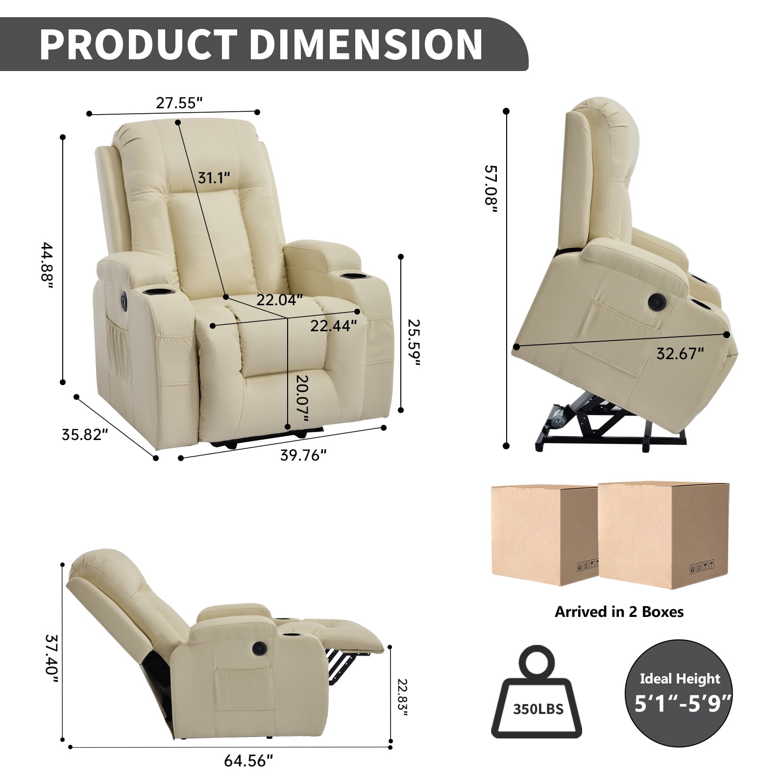 Power Lift Recliner Chair with Massage and Heat,Faux Leather Soft Chair with USB Charging&Cup Holders, Infinite Position Reclining,Heavy Duty 350 LBS Capacity