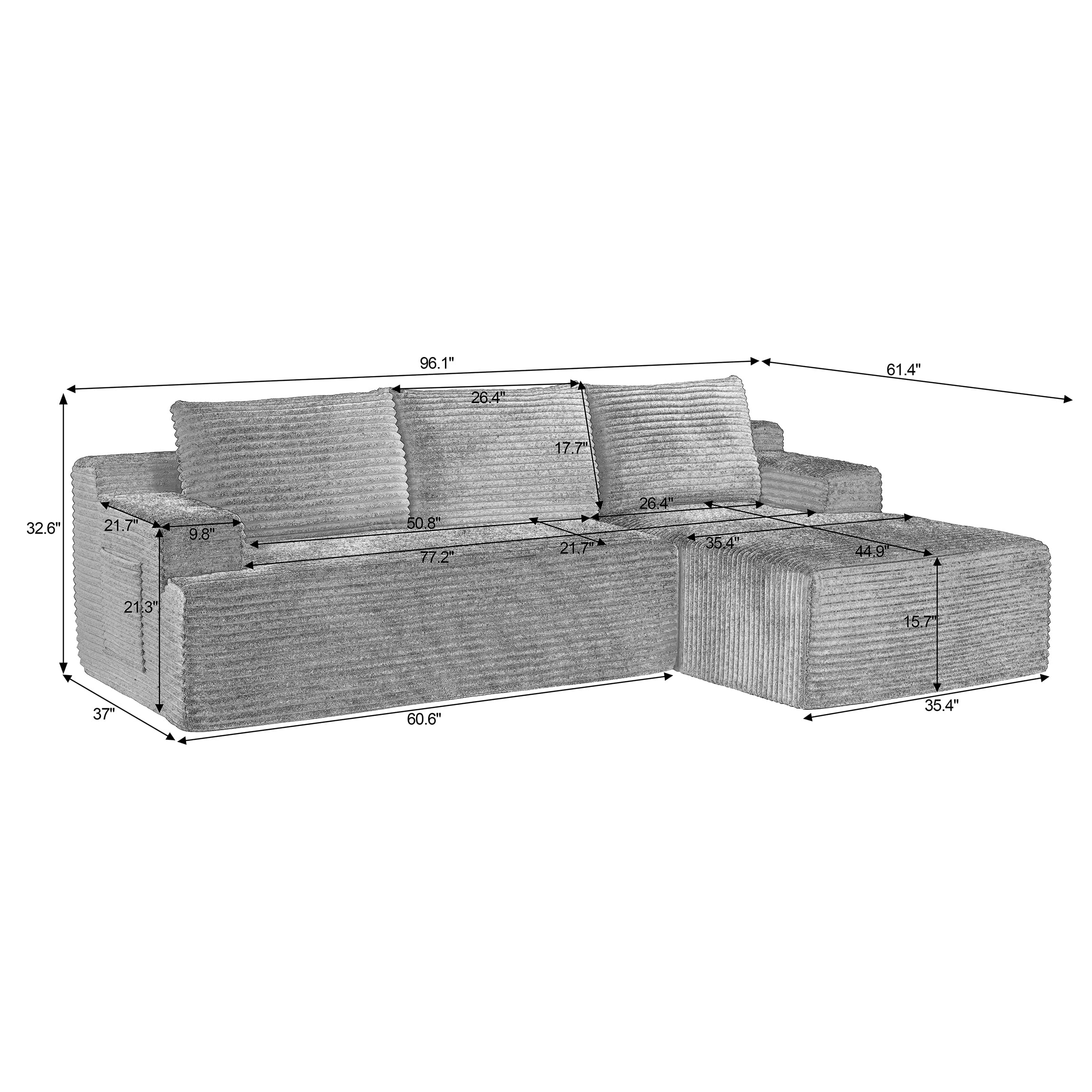 Vanress 96 Inch Modular Sectional Couches for Living Room, Modern Boneless Sofa, Upholstered Deep Seat Cloud Couch, Corduroy Comfy L-Shape Sofas Couches, No Assembly, Dark Grey (Right Facing Chaise)