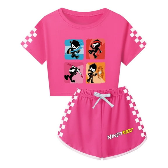 Girls Ninja Kidz Outfit – Crop Top and Shorts Set with Cartoon Ninjas – Summer Activewear for Kids