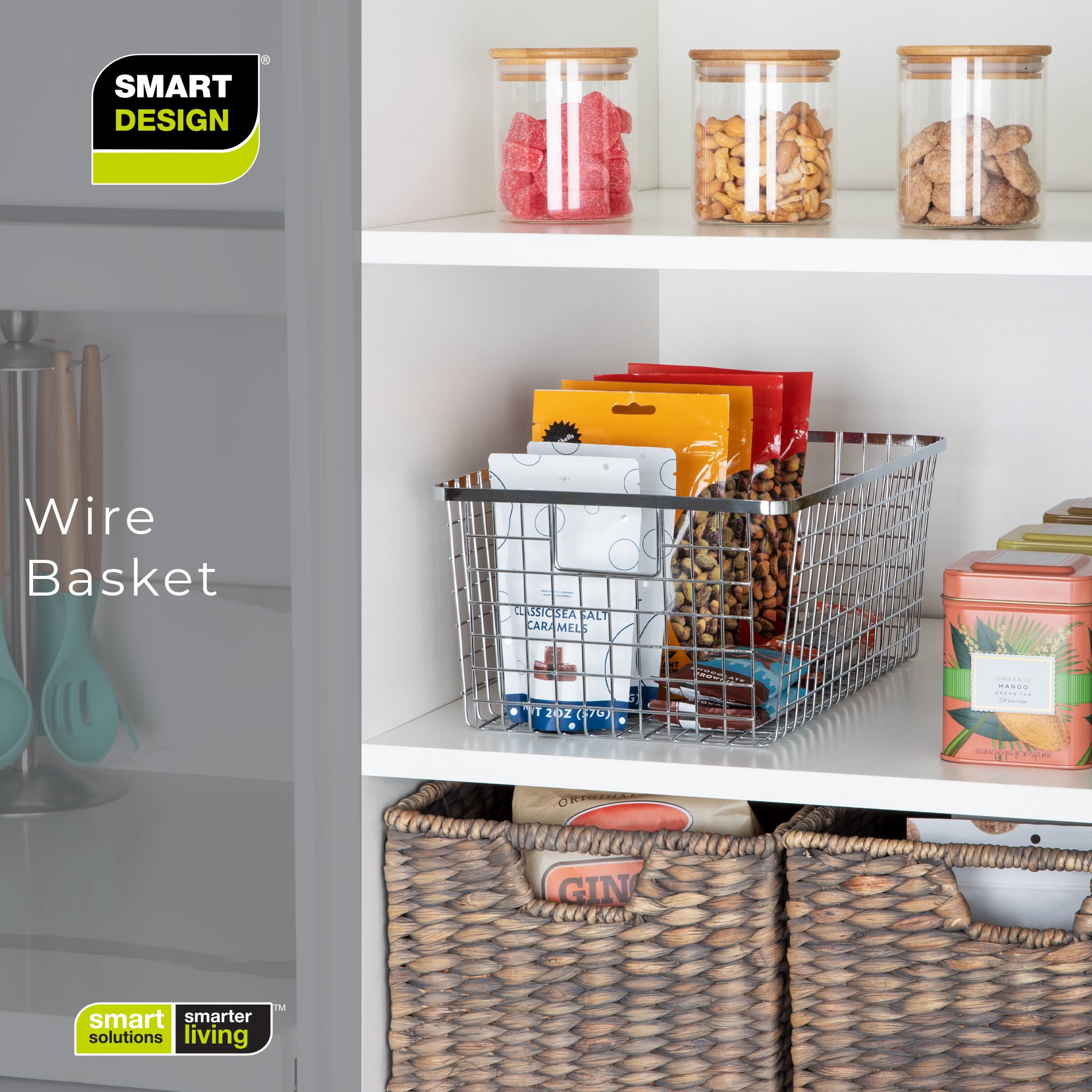 Smart Design Nestable Basket Organizer with Handles - 9 x 16 x 6 inches - Chrome - Set of 4