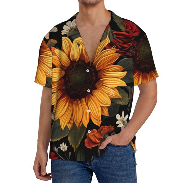 Balery Sunflower Floral Butterfly Camisa Casual de Manga Corta con Botones para Hombre, Texturizada, Estilo Cubano, para Playa, Verano-Small