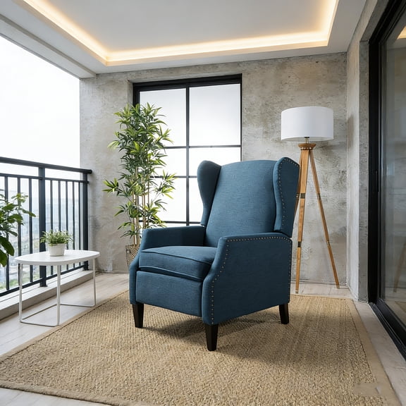 Pushback Fabric Recliner Chair with Wingback Design, Nailhead Trim and Wood Legs, Modern Armchair for Living Room Bedroom
