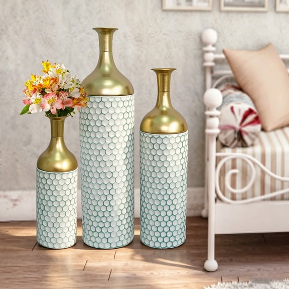 Set of 3 White & Gold Leaf Pattern Metal Floor Vases, Tall Decorative Vases for Living Room Entryway Home Decor