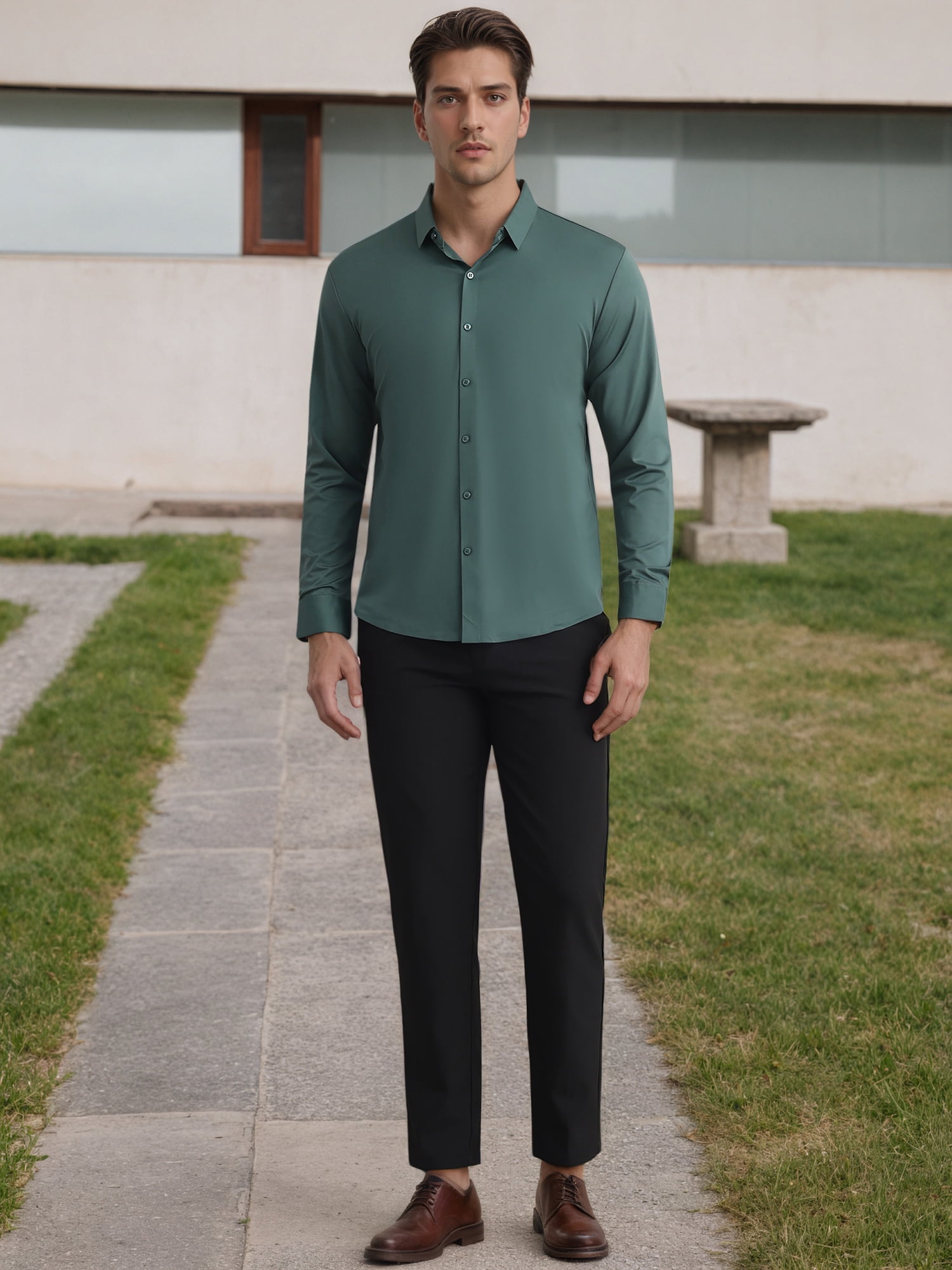 DARING DIVA Men's Soft Long Sleeve Button Down Business Formal Dress Shirt S Green