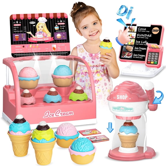 HopeRock Ice Cream Station Toys for Kids, Play Food Cashier Toys for Girl Ages 3 4 5 6 Years, Christmas Birthday Gift for Girls.