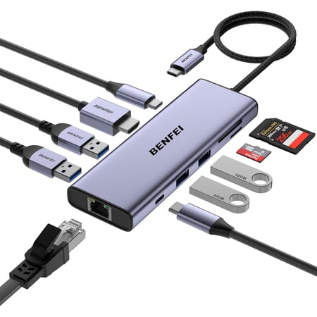 BENFEI USB C Hub 10-in-1 Docking Station, 4K@60Hz HDMI, Gigabit Ethernet, 100W PD, 5Gbps USB-C Data, 4x USB-A 3.0, 170MB/s SD/TF Card Reader for MacBook Pro/Air, iPad Pro, iMac, Galaxy S23, XPS 17