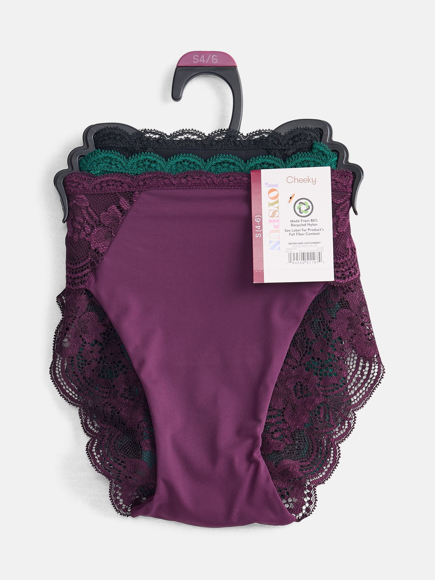 Joyspun Women's Microfiber and Lace Cheeky Panties, 3-pack, Sizes to 3XL