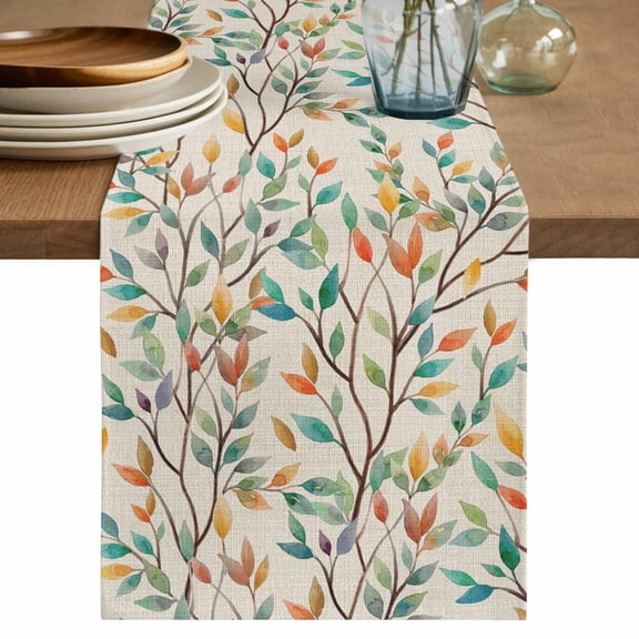 Teal Orange Eucalyptus Table Runner 70 Inches, Spring Botanical Leaves Bed Runner Dresser Scarves Tabletop for Indoor Outdoor Parties/Ceremony/Banquet, 13" x 70"