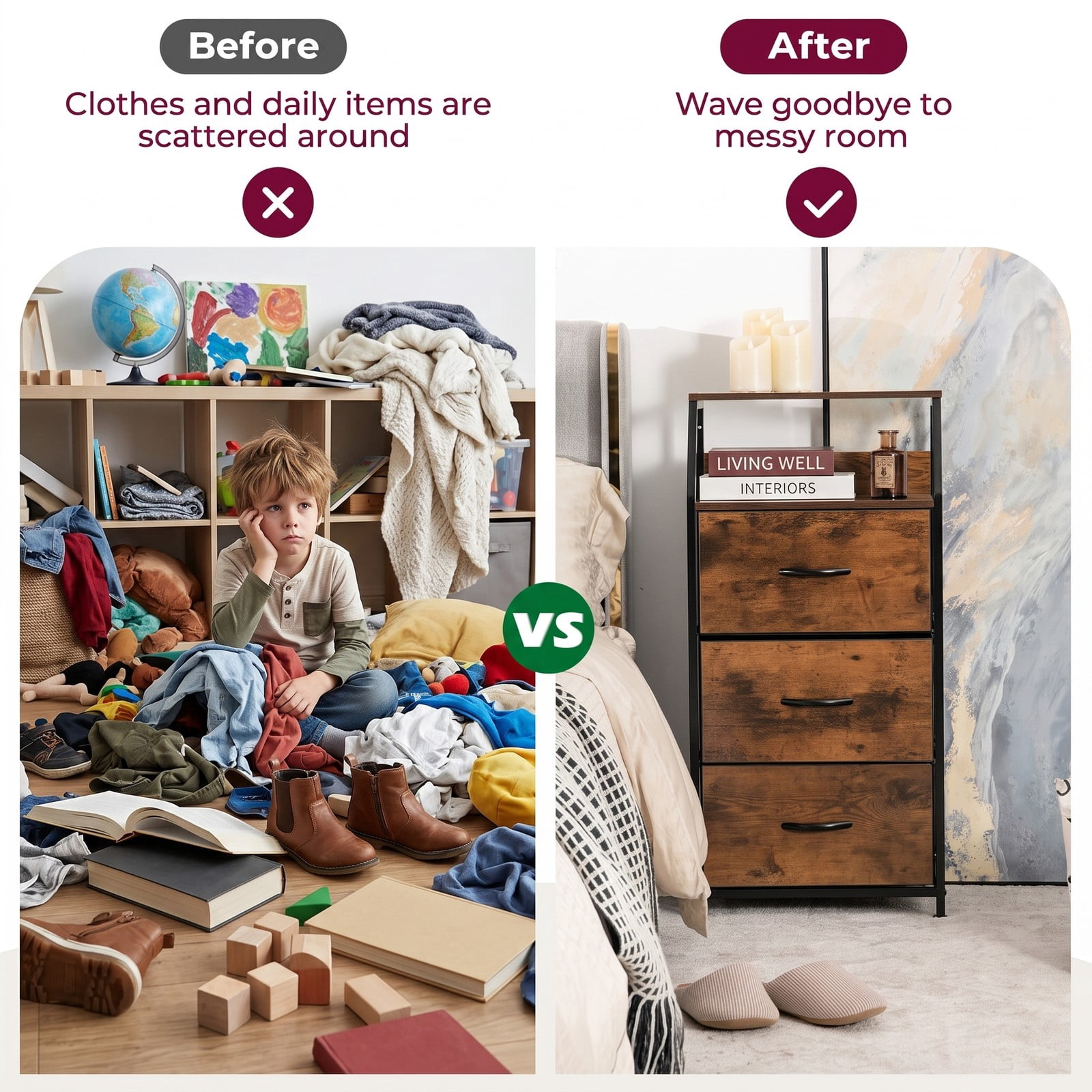 Furnibear 3-Drawer Freestanding Dresser with Open Wooden Top Shelf and Sturdy Steel Frame for Bedroom Living Room and Office, Rustic Brown